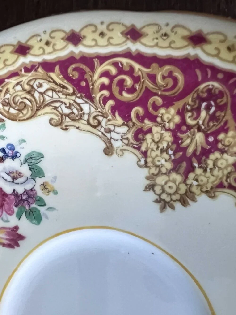 Aynsley England Teacup Ornate Filigree Floral Red Yellow Victorian Style *chip*
